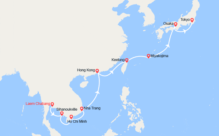 Carte itinéraire croisière Thaïlande, Vietnam, Hong Kong, Japon