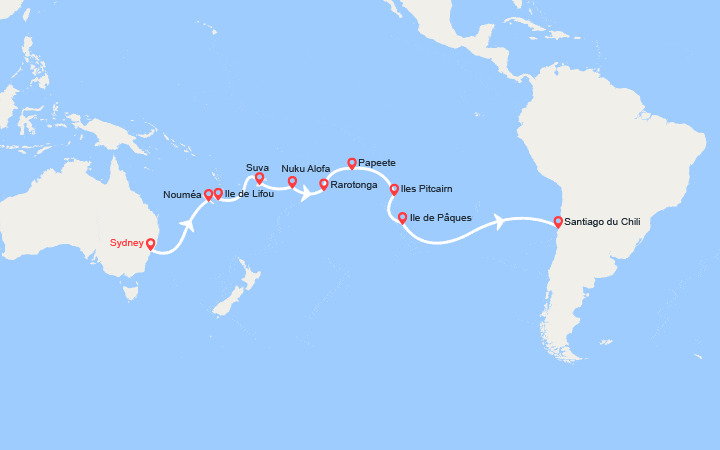Carte itinéraire croisière Tonçon du Tour du Monde : De Sydney à Santiago du Chili