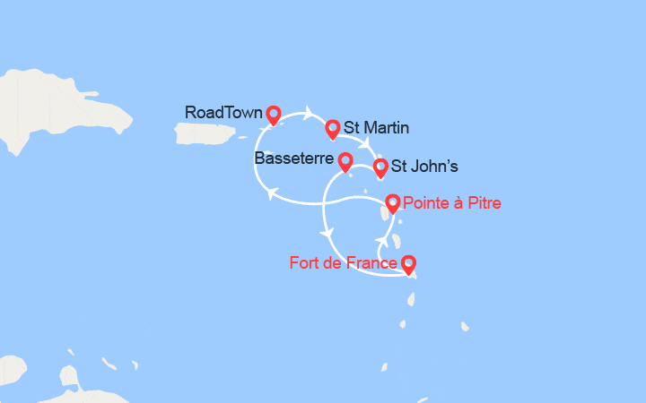 Carte itinéraire croisière Tortola, St Martin, Antigua, St Kitts
