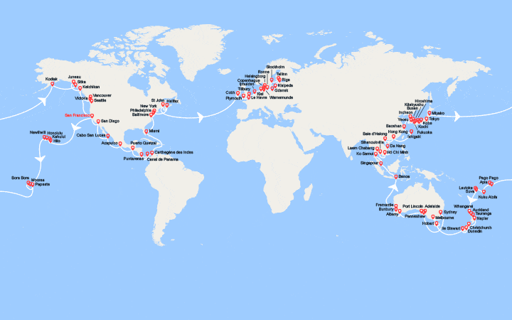 Carte itinéraire croisière Tour du Monde 2027