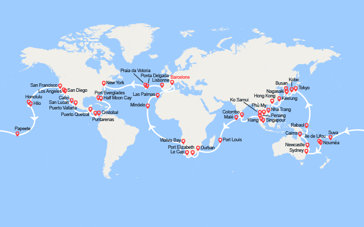 Carte itinéraire croisière Tour du Monde 2027 au départ de Barcelone