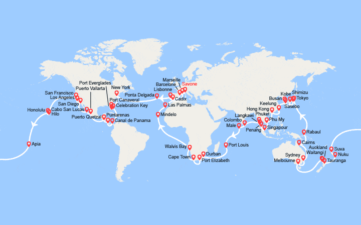 Carte itinéraire croisière Tour du Monde 2028 au départ de Savone