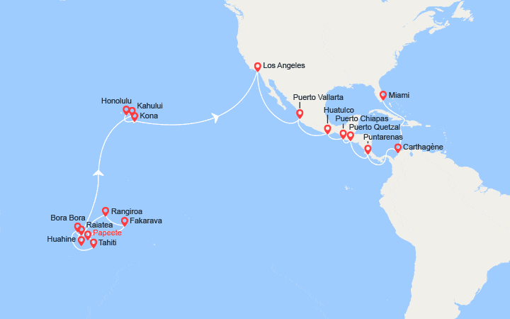 Carte itinéraire croisière Tour du Monde au départ de Papeete