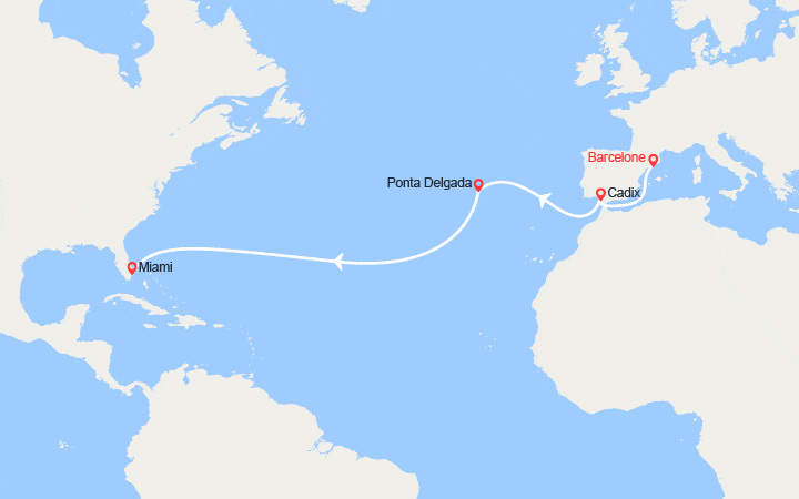 Carte itinéraire croisière Transatlantique de Barcelone à Miami : Séville, Lisbonne, Ponta Delgada
