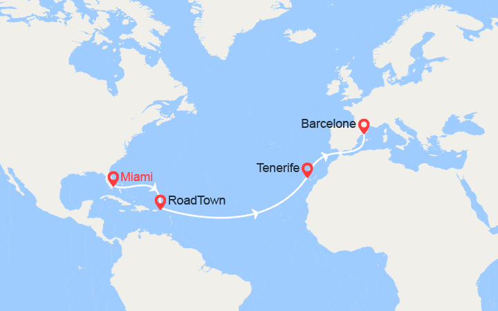 Carte itinéraire croisière Transatlantique : de Floride en Espagne