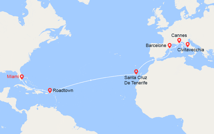 Carte itinéraire croisière Transatlantique : de Floride en Italie