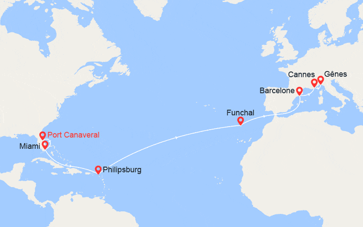 Carte itinéraire croisière Transatlantique : de Floride en Italie