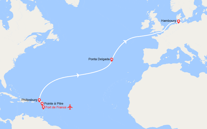 Carte itinéraire croisière Transatlantique : de Fort-de-France à Hambourg | Vol aller inclus
