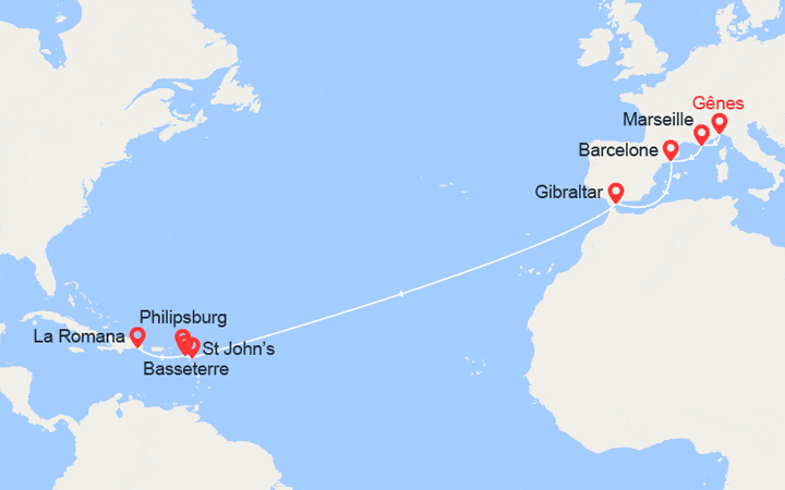 Carte itinéraire croisière Transatlantique : de Gênes à La Rép.Dominicaine