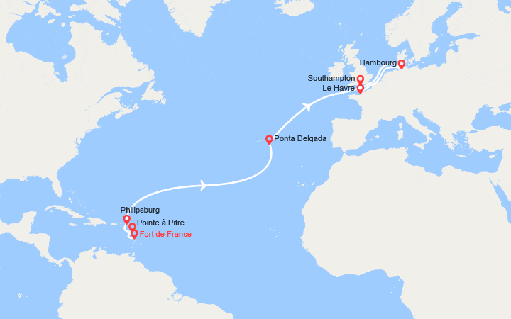 Carte itinéraire croisière Transatlantique : de Martinique au Royaume-Uni