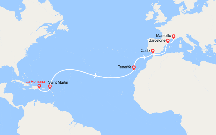 Carte itinéraire croisière Transatlantique : Rép. Dominicaine, Antilles, Canaries, Espagne, France
