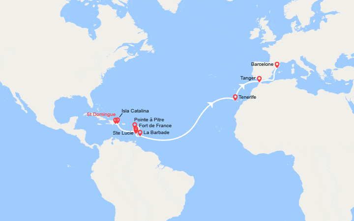 Carte itinéraire croisière Transatlantique : Rép. Dominicaine, Antilles, Canaries, Maroc, Espagne