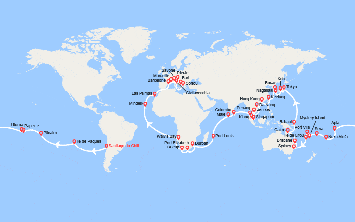 Carte itinéraire croisière Tronçon du Tour du Monde 2026 : de Santiago du Chili à Trieste