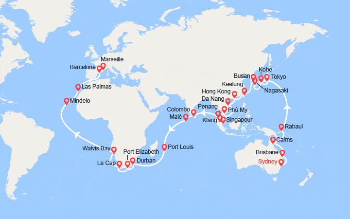 Carte itinéraire croisière Tronçon du Tour du Monde 2026 : de Sydney à Marseille