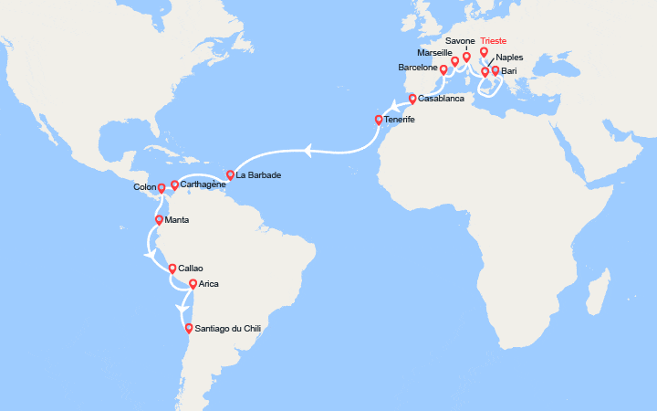 Carte itinéraire croisière Tronçon du Tour du Monde 2026 : de Trieste à Santiago du Chili
