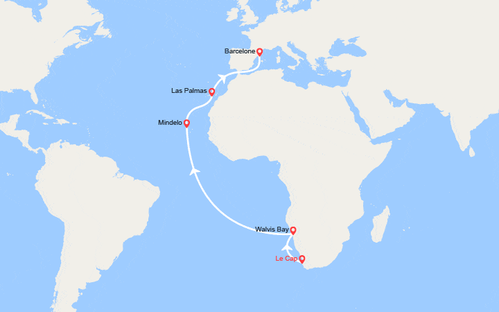 Carte itinéraire croisière Tronçon du Tour du Monde 2026 : du Cap à Barcelone