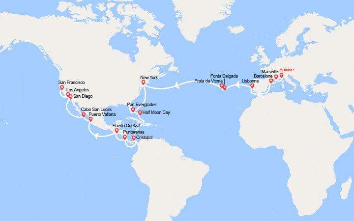 Carte itinéraire croisière Tronçon du Tour du monde 2027 : de Savone à San Francisco