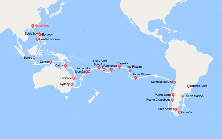 Carte itinéraire croisière Tronçon du Tour du Monde : De Hong Kong à Buenos Aires