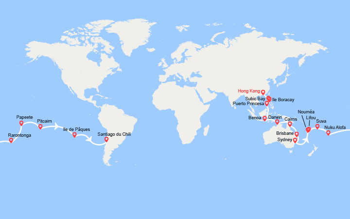 Carte itinéraire croisière Tronçon du Tour du Monde : De Hong Kong à Santiago du Chili