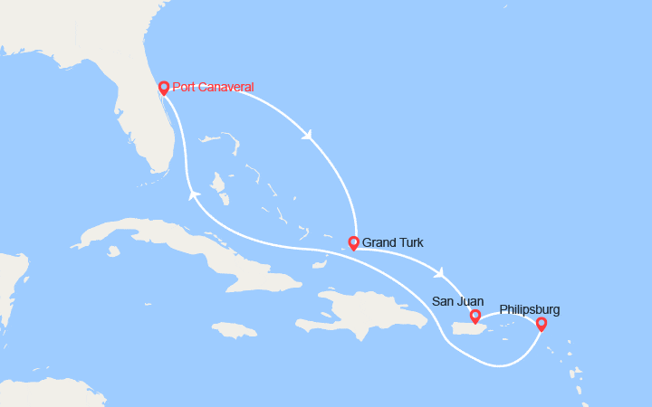 Carte itinéraire croisière Turks et Caicos, Puerto Rico,St Martin