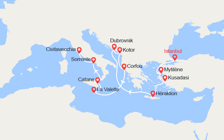 Carte itinéraire croisière Turquie, Grèce, Crète, Croatie, Monténégro, Malte, Italie
