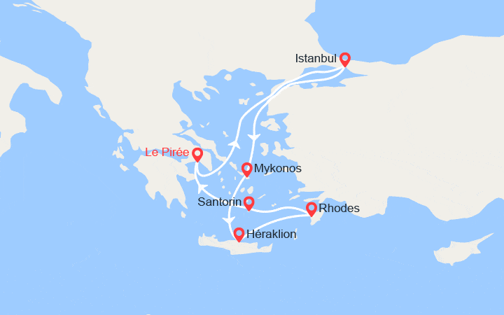 Carte itinéraire croisière Turquie, Grèce : Istanbul, Mykonos, Rhodes, Santorin