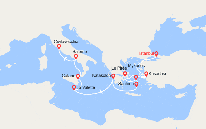 Carte itinéraire croisière Turquie, Grèce, Malte, Italie