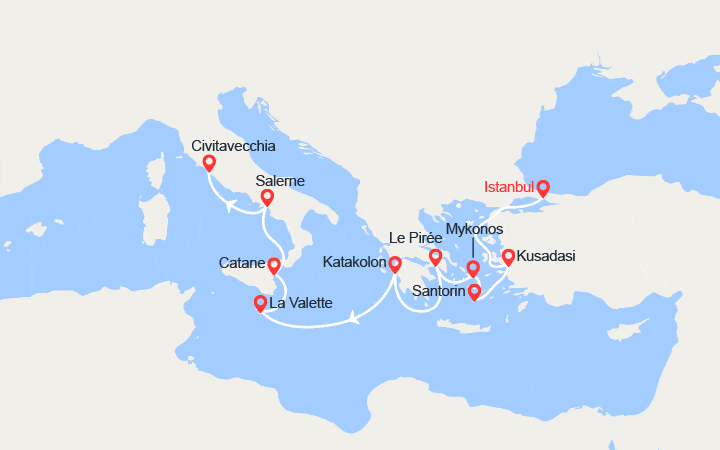 Carte itinéraire croisière Turquie, Îles Grecques, Malte, Italie