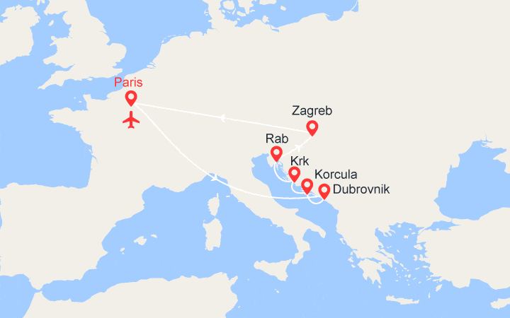 Carte itinéraire croisière Yachting en Croatie de Dubrovnik à Zagreb